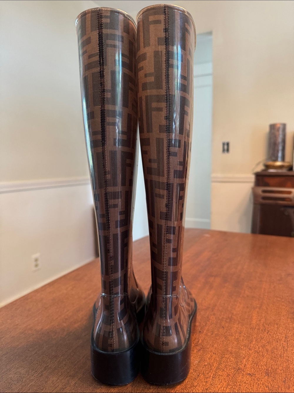 Fendi Brown FF Logo Glossy Rain Boots - Picture 3 of 10
